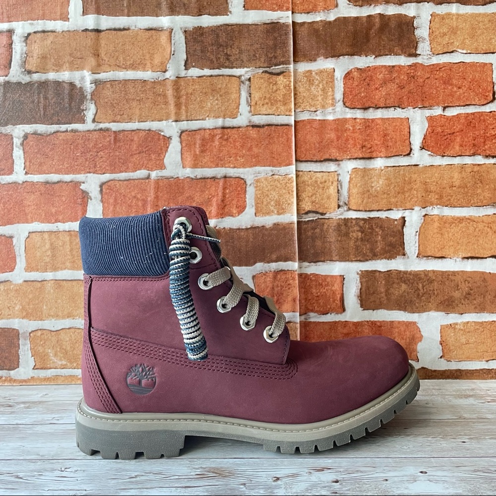 TIMBERLAND WOMEN'S PREMIUM 6-INCH WP BOOTS. BURGUNDY NUBUCK